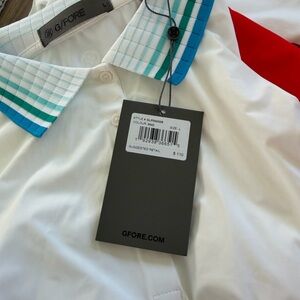 G/FORE White Polo with Teal & Aqua Striped Collar